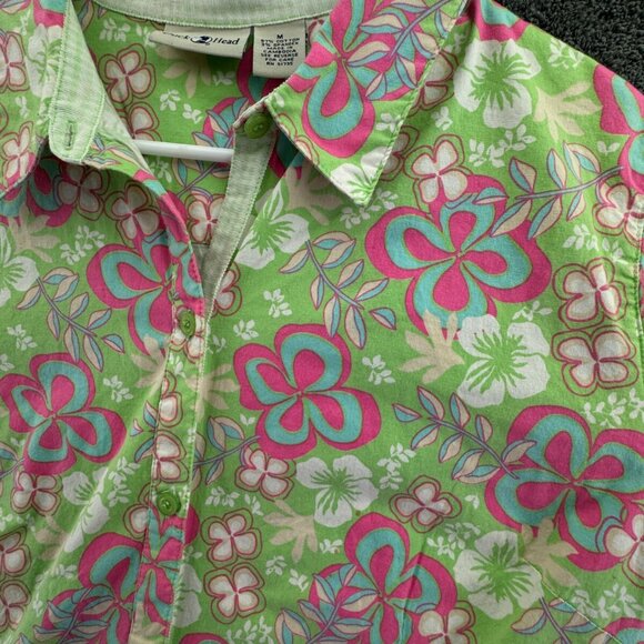 Duck Head Medium Women Button Up Floral Shirt Green Pink 1/2 Sleeve Stretch - Picture 8 of 14